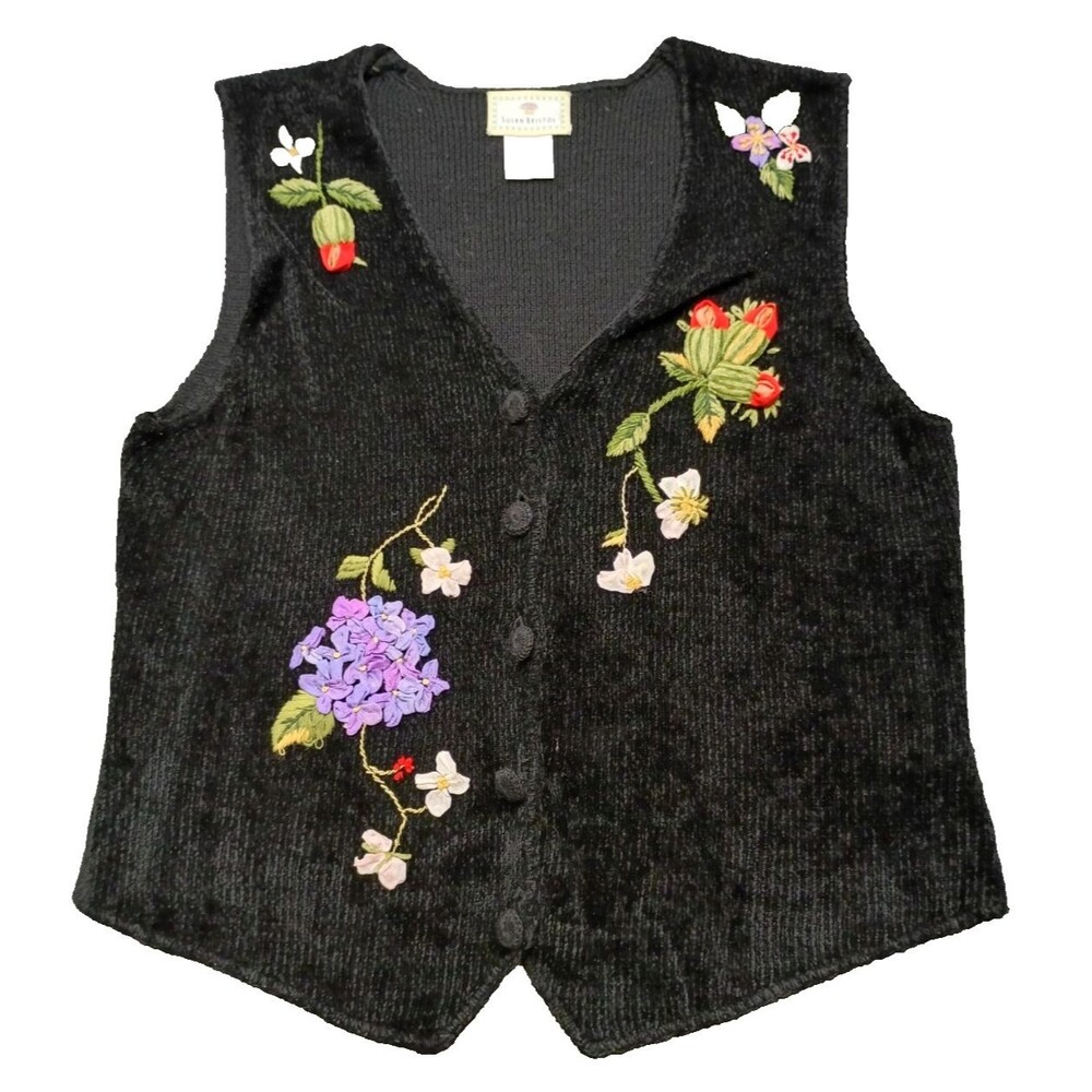 Vtg Susan Bristol Sweater Vest Womens Sz Medium Floral Appliqué Black Wool 90s